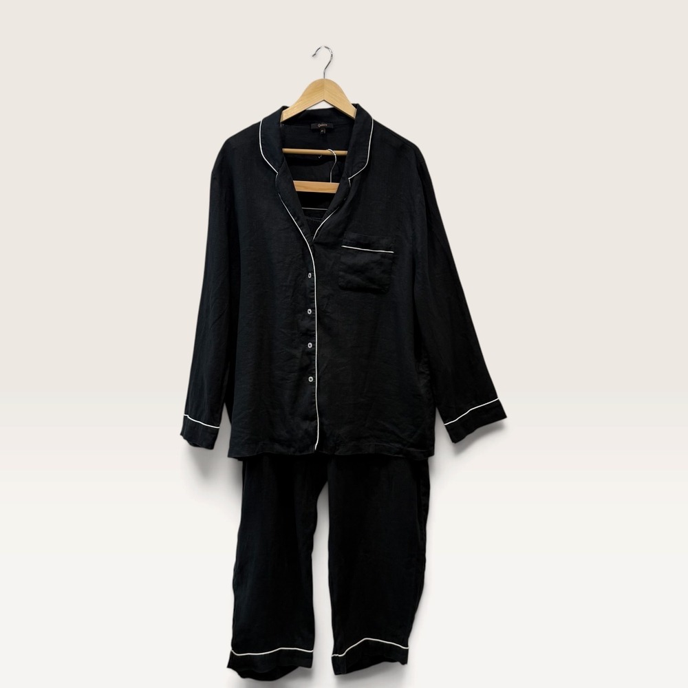 Quince Women Black European Linen Pajama Set Long Sleeve Button Down Pants XL